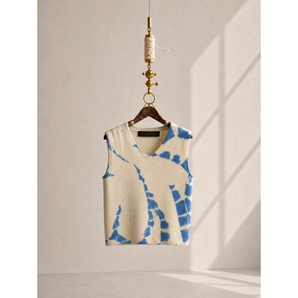 The Elder Statesman 100% Cashmere Blue Cream Tie Dye Ribbed Sweater Vest L USA